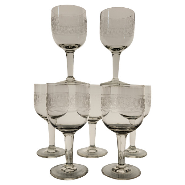 7 19th century guilloche wine glasses