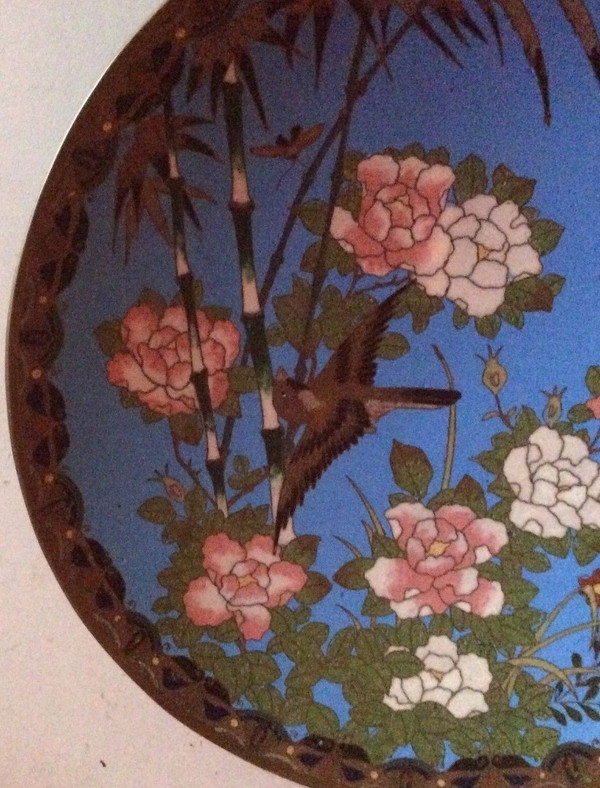 Japon assiette cloisonné émail émaux sur cuivre oiseaux jardin 19ème