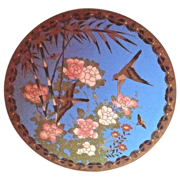 Japon assiette cloisonné émail émaux sur cuivre oiseaux jardin 19ème