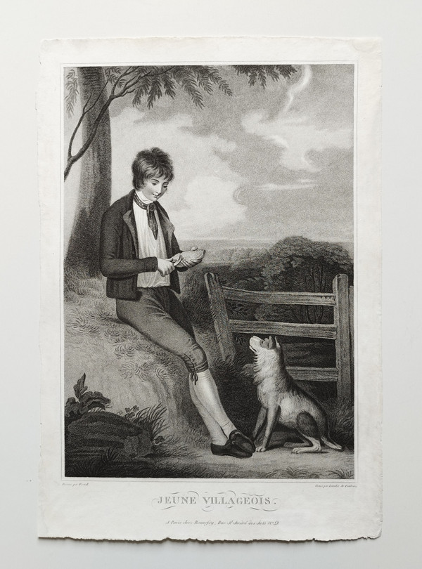 Dog And Young Boy Etching 19th C Engraving Old Print