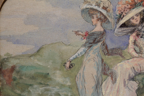 Aquarelle 'les élégantes En Bord De Mer' époque Fin 19ème, Début 20ème Siècle