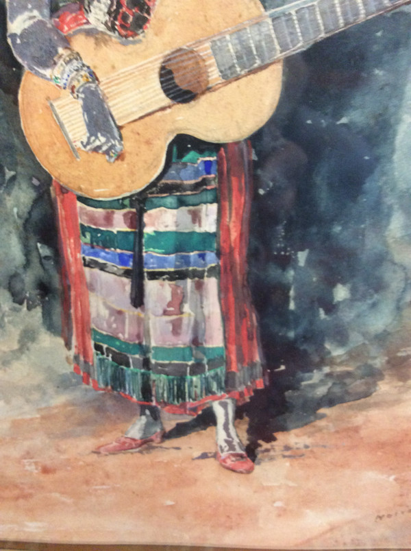 watercolor painting gypsy with guitar signed Noivon