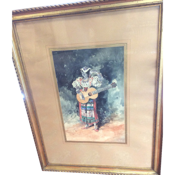 watercolor painting gypsy with guitar signed Noivon