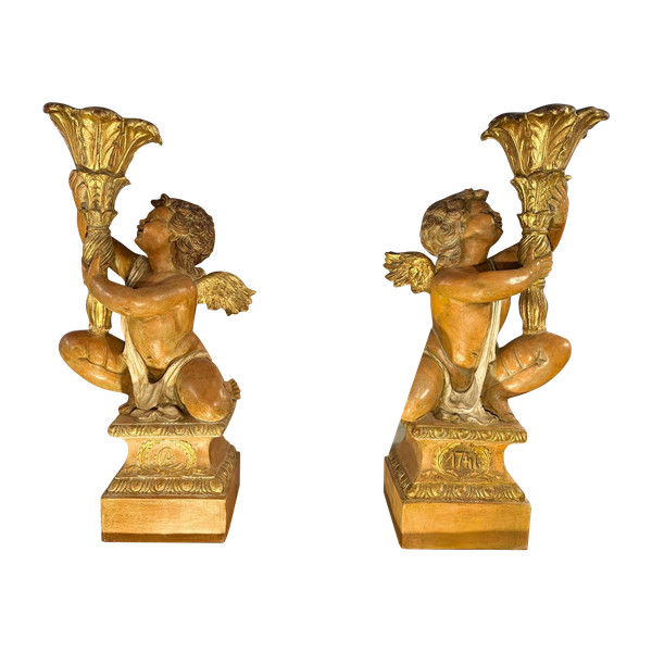 Important Pair Of Ceramic Torch-Holder Angels - Late 19th Century