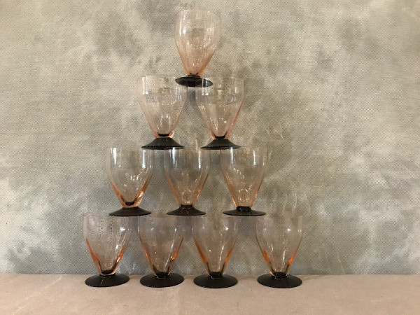 Set of 10 Art Deco glasses, circa 1940, lightly smoked