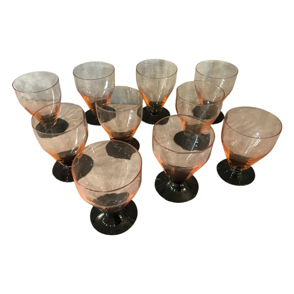 Set of 10 Art Deco glasses, circa 1940, lightly smoked