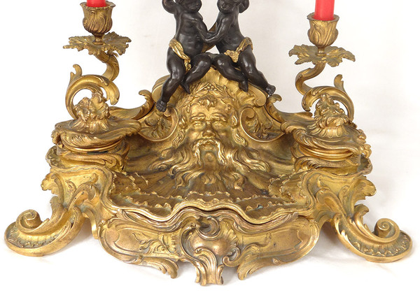 Calamaio Luigi XV rocaille candelieri in bronzo carattere cherubini 41 cm XVIII secolo