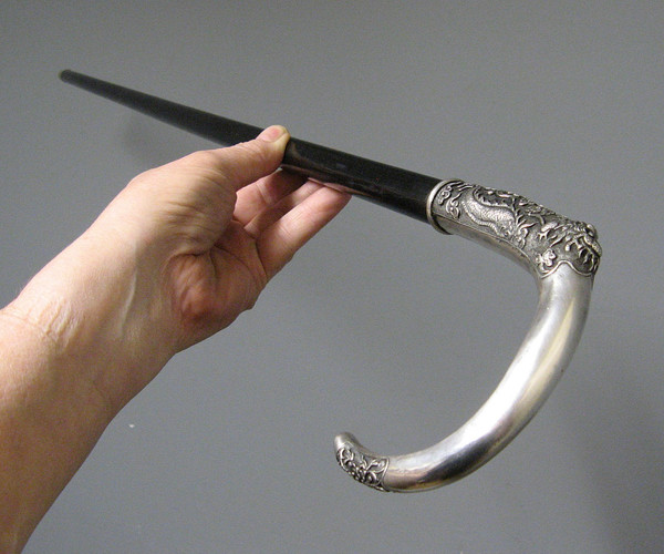 Cast Silver Dragon Cane. Ebony shaft. China or Vietnam 19th century.