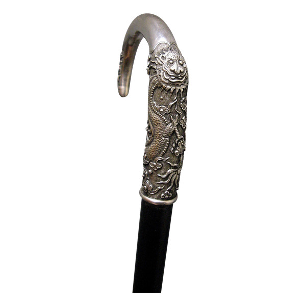 Cast Silver Dragon Cane. Ebony shaft. China or Vietnam 19th century.