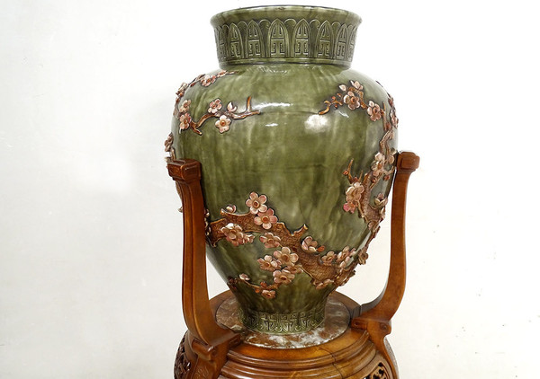 Large earthenware vase Jules Vieillard Bordeaux Japanese decor 19th century Sellette