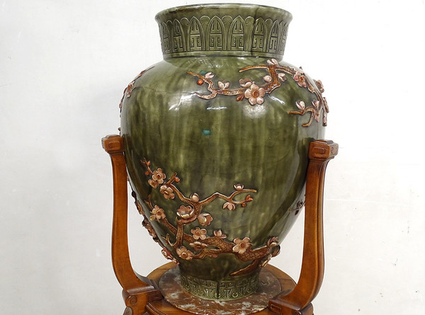 Large earthenware vase Jules Vieillard Bordeaux Japanese decor 19th century Sellette