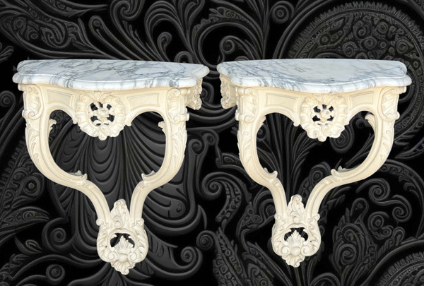 PAIR OF 19th CENTURY LOUIS XV STYLE WOODEN CONSOLES, SCULPTTED, BLANC RECHAMPIES