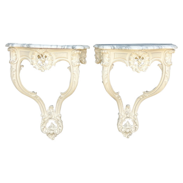 PAIR OF 19th CENTURY LOUIS XV STYLE WOODEN CONSOLES, SCULPTTED, BLANC RECHAMPIES