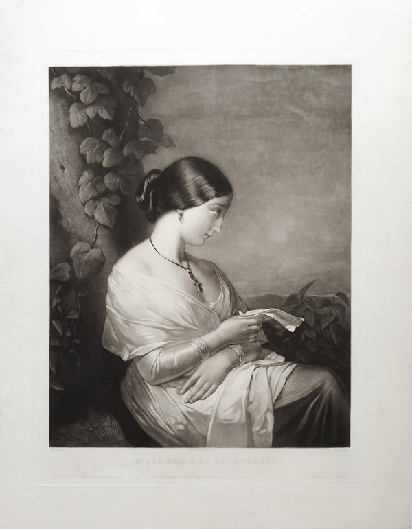 Romantic Engraving After Charlemagne-oscar Guët Etching  Portrait Of A Lady 19th C Old Print