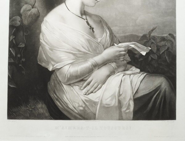 Romantic Engraving After Charlemagne-oscar Guët Etching  Portrait Of A Lady 19th C Old Print