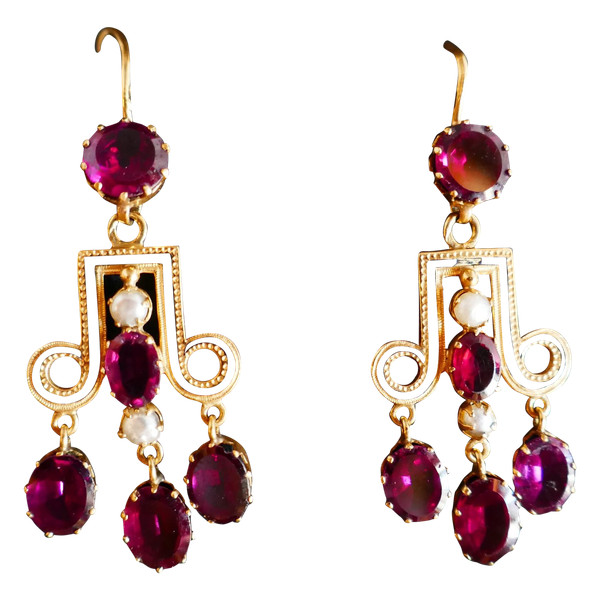 Antique Earrings, Garnets, Pearls and Enamel.