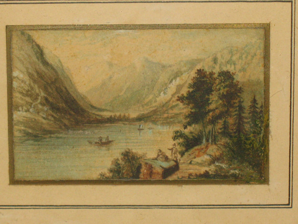 19th century Swiss school Small gouache depicting a mountainous lakescape Bronze frame