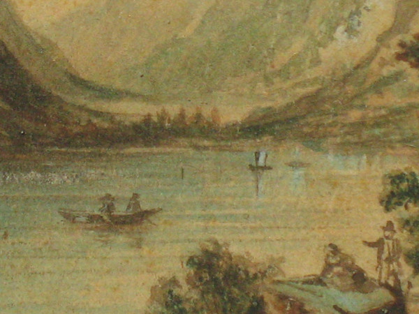 19th century Swiss school Small gouache depicting a mountainous lakescape Bronze frame