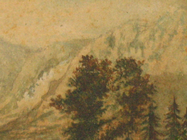 19th century Swiss school Small gouache depicting a mountainous lakescape Bronze frame