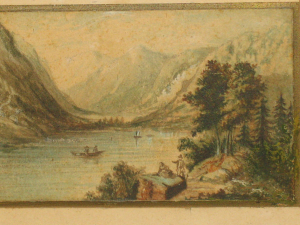 19th century Swiss school Small gouache depicting a mountainous lakescape Bronze frame