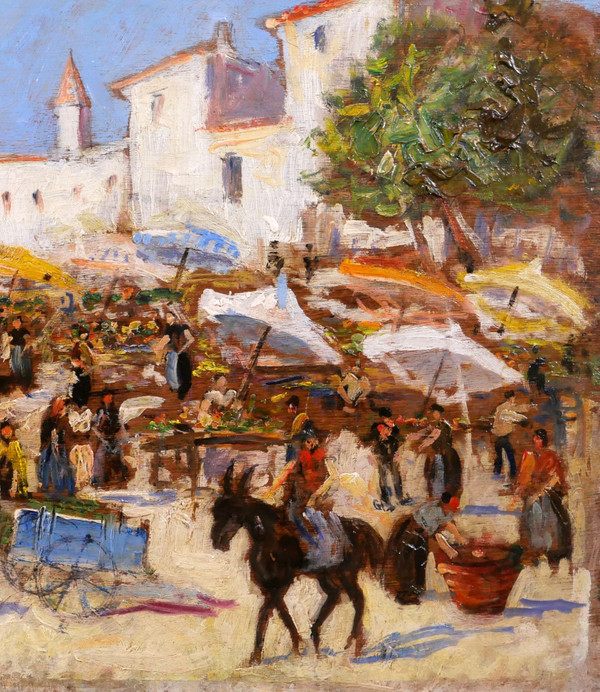 Arthur PERRIER, Paesaggio di mercato, dipinto, 1930 ca.