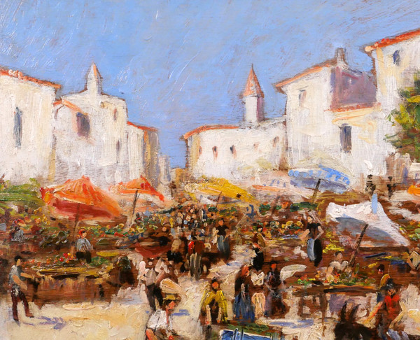 Arthur PERRIER, Market landscape, painting, circa 1930