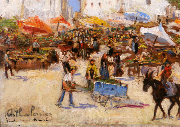 Arthur PERRIER, Market landscape, painting, circa 1930