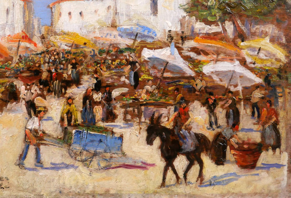 Arthur PERRIER, Market landscape, painting, circa 1930