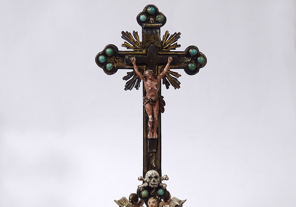 Petit Crucifix Autriche Vienne Croix Argent émaillé Turquoises Christ XIXè