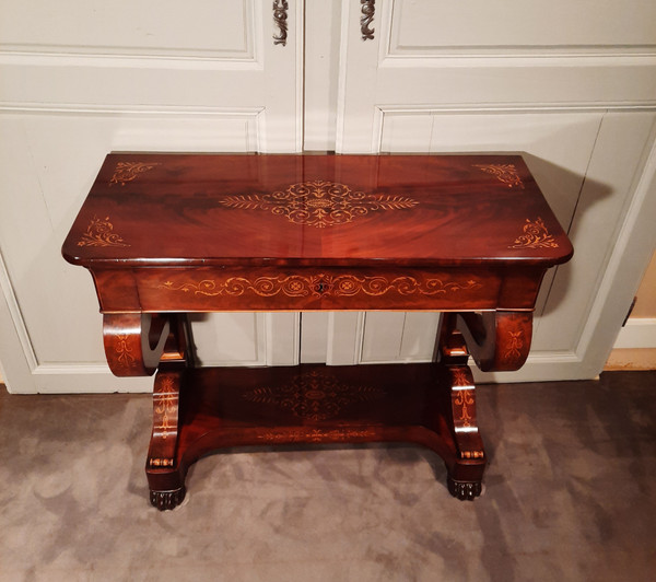 Charles X period console in mahogany and sycamore.