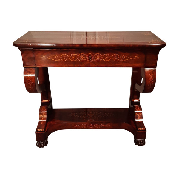 Charles X period console in mahogany and sycamore.