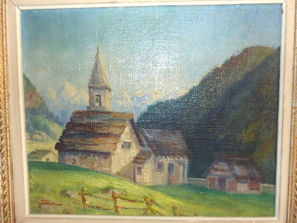 Oil painting on canvas village Auron Nice (signed Fabien 1951)