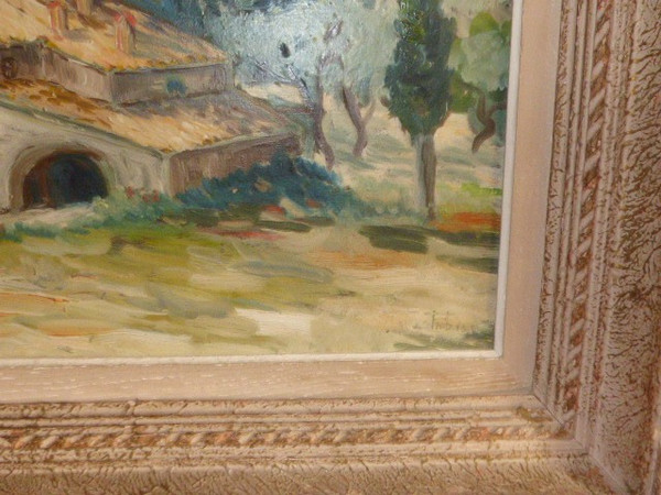 Oil painting on canvas landscape made in Avignon (signed Fabien 1947)