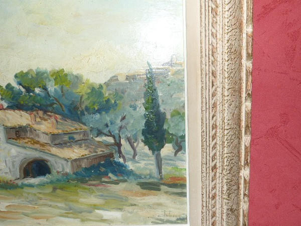 Oil painting on canvas landscape made in Avignon (signed Fabien 1947)