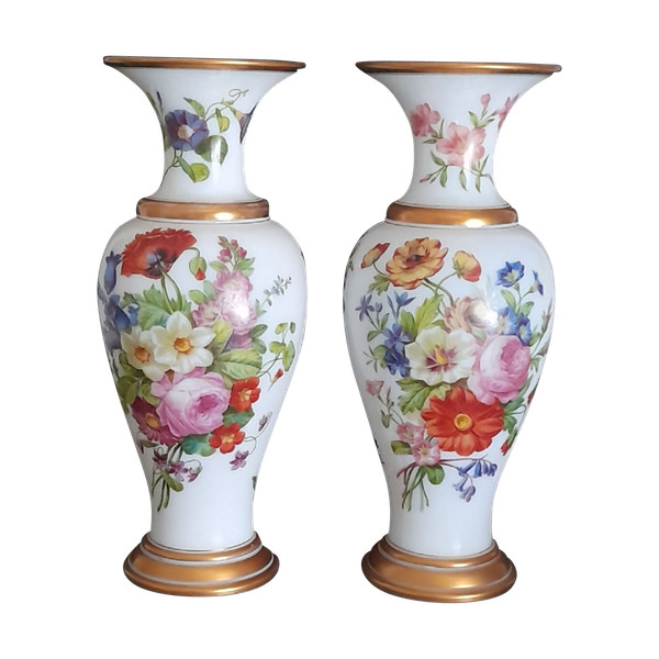 Pair of Charles X opaline vases exceptional in the quality of natural flower bouquets