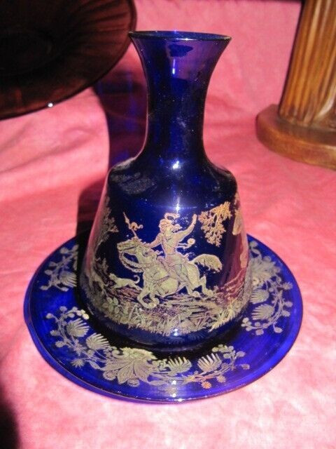 Night carafe or bottle and dish with hunting decor in painted glass late 19th century