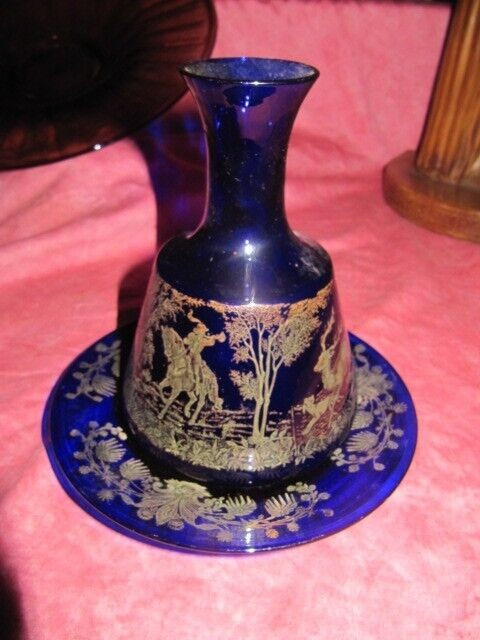 Night carafe or bottle and dish with hunting decor in painted glass late 19th century