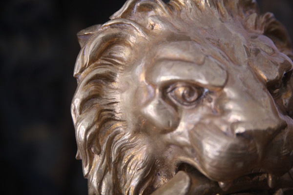 Gilt bronze knocker with lion's head, work from the 20th century.