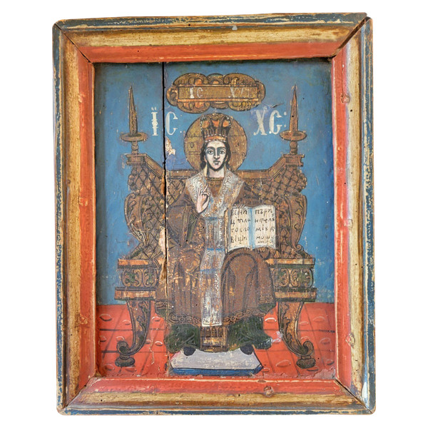 painting Icon of Christ enthroned, oil on wood.