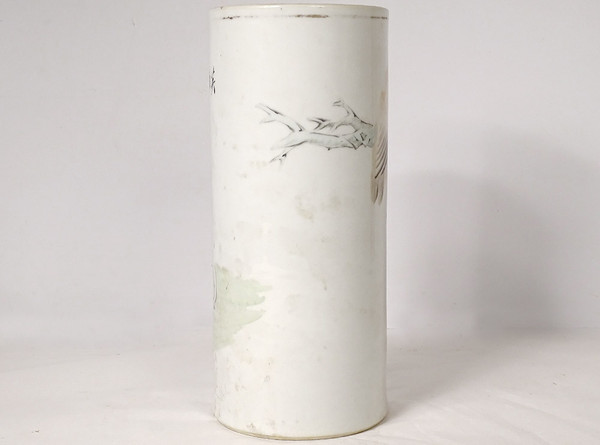 Porzellan Roller Vase China Hund Vogel Baum Gedicht signiert Guangxu 19