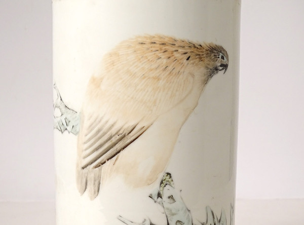 Porzellan Roller Vase China Hund Vogel Baum Gedicht signiert Guangxu 19