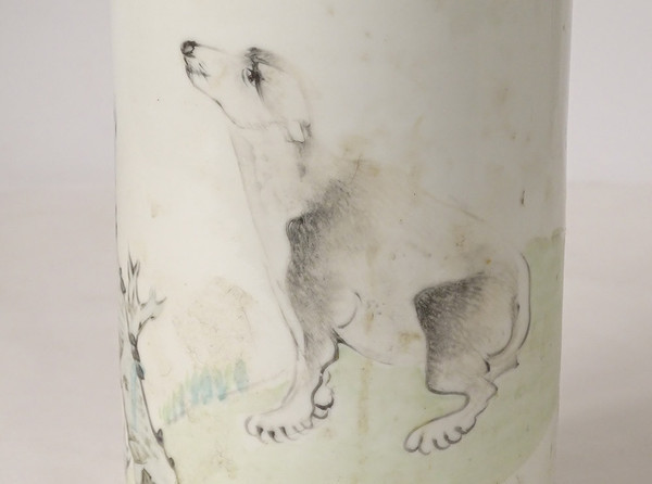 Porzellan Roller Vase China Hund Vogel Baum Gedicht signiert Guangxu 19