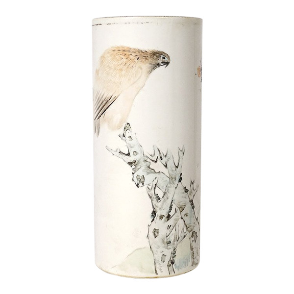 Vase Rouleau Porcelaine Chine Chien Oiseau Arbre Poème Signé Guangxu XIXème