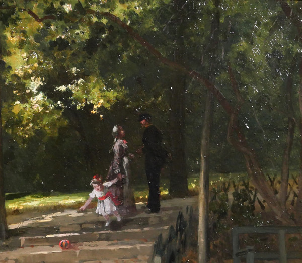 Antoine MORLON, L'incontro nel parco, pittura impressionista, paesaggio, personaggio, famiglia