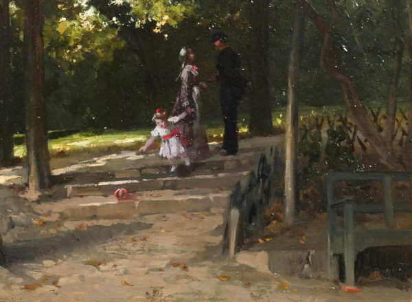 Antoine MORLON, L'incontro nel parco, pittura impressionista, paesaggio, personaggio, famiglia