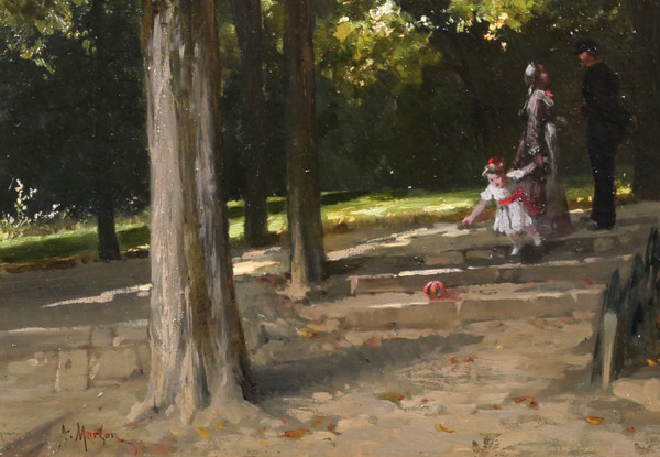 Antoine MORLON, L'incontro nel parco, pittura impressionista, paesaggio, personaggio, famiglia