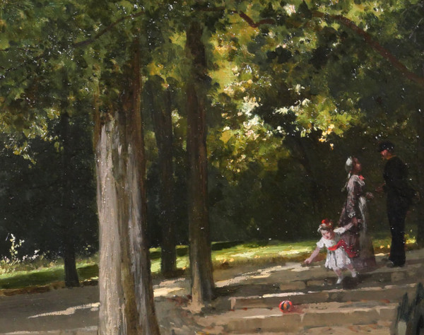 Antoine MORLON, L'incontro nel parco, pittura impressionista, paesaggio, personaggio, famiglia