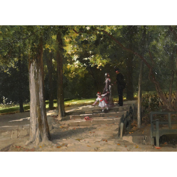 Antoine MORLON, L'incontro nel parco, pittura impressionista, paesaggio, personaggio, famiglia