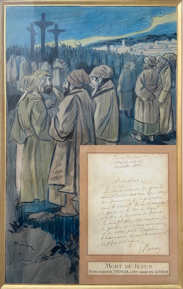 Original drawing by Théophile Alexandre Steinlen accompanied by a letter from Ernest Renan