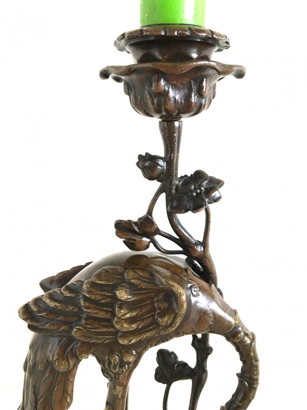 Pair of chased and patinated bronze candlesticks, Japan Late 19th century